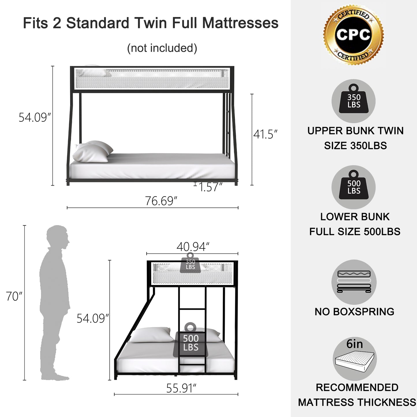 Black metal bunk bed frame with twin and full mattresses