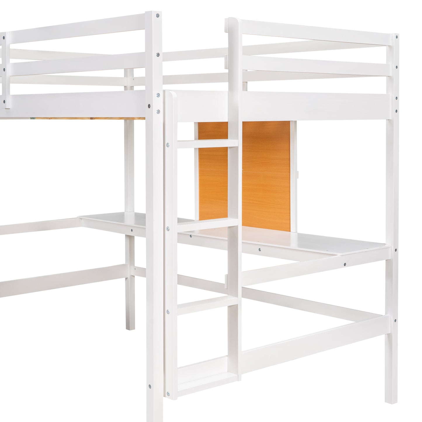 White wooden loft bed with integrated desk and ladder