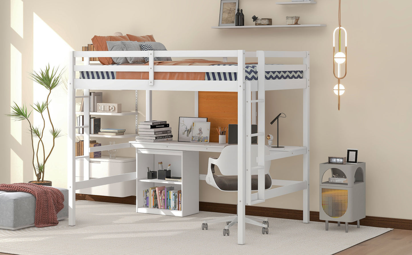 White wooden loft bed with integrated desk and bookshelves