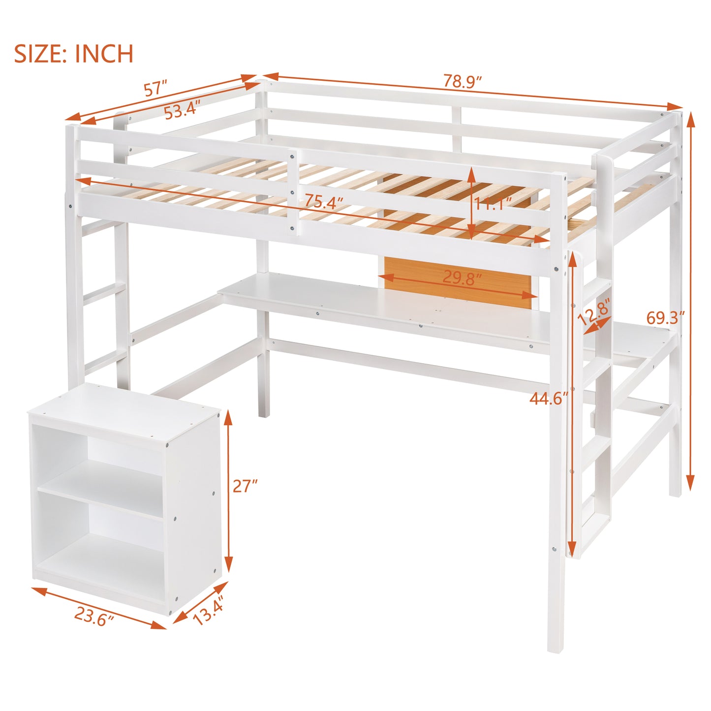 White wooden loft bed with desk and shelving