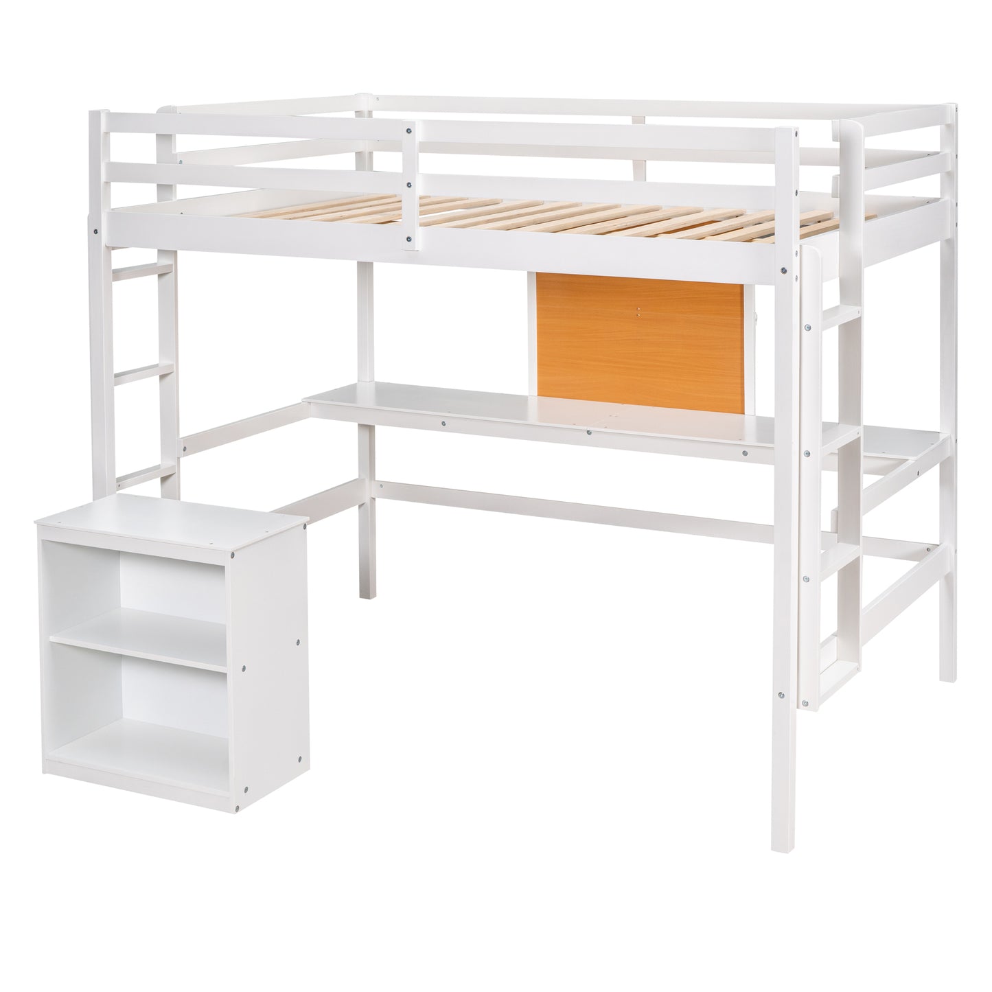 White loft bed with desk and bookshelf