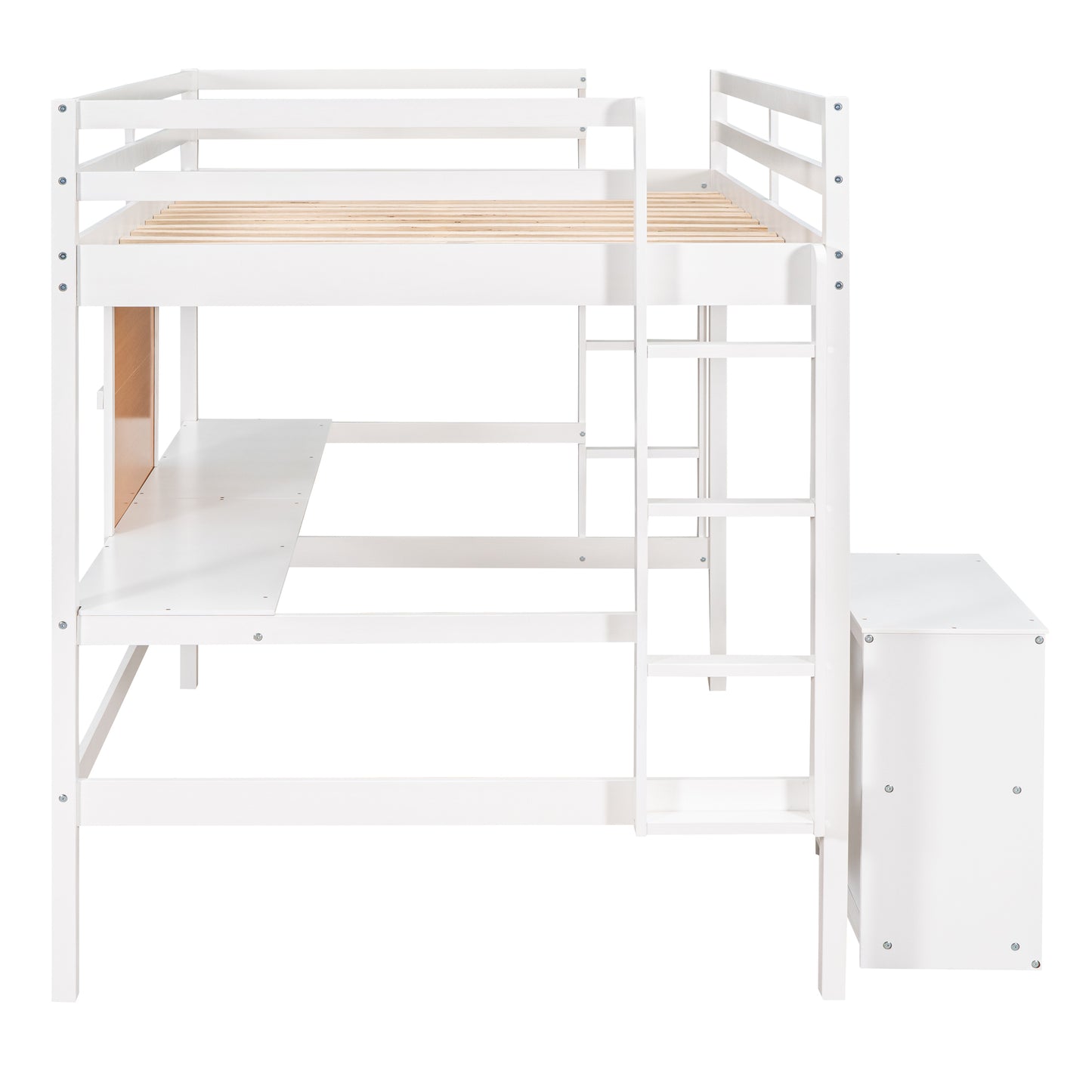White wooden loft bed with desk and storage
