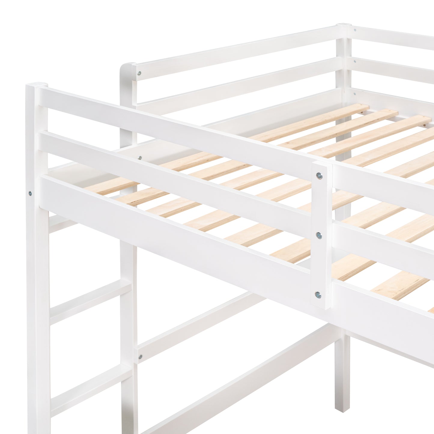 Closeup of white wooden bunk bed frame with ladder and slatted base