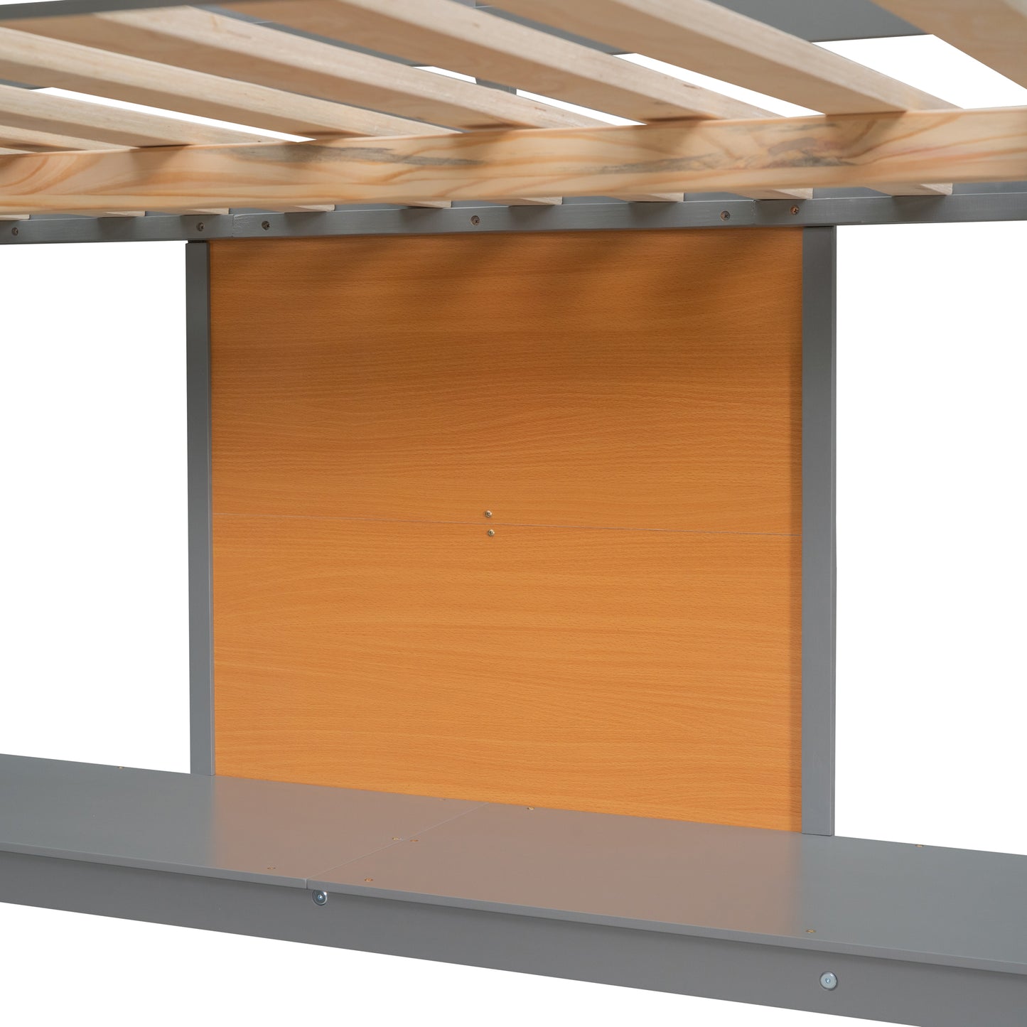 Wooden bed slats with grey metal frame and woodgrain panel