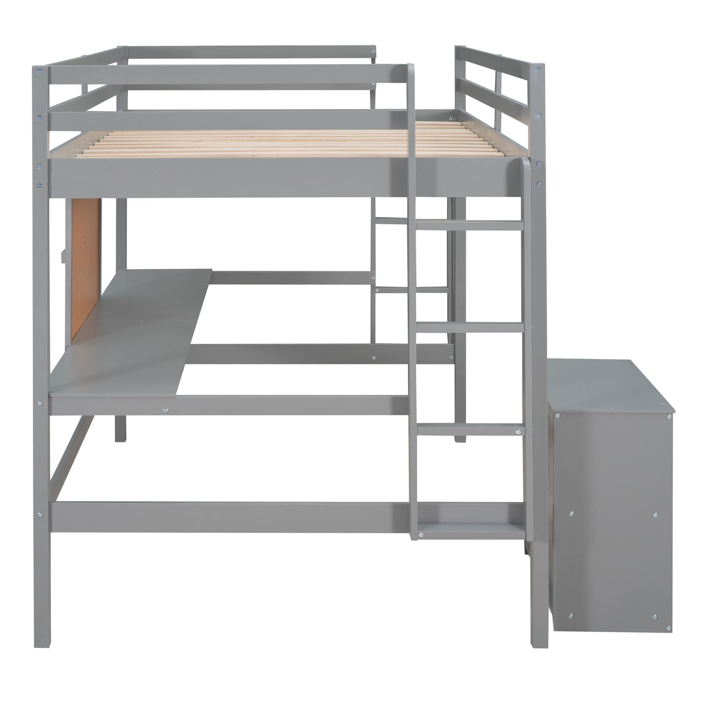 Gray loft bed with integrated desk and storage