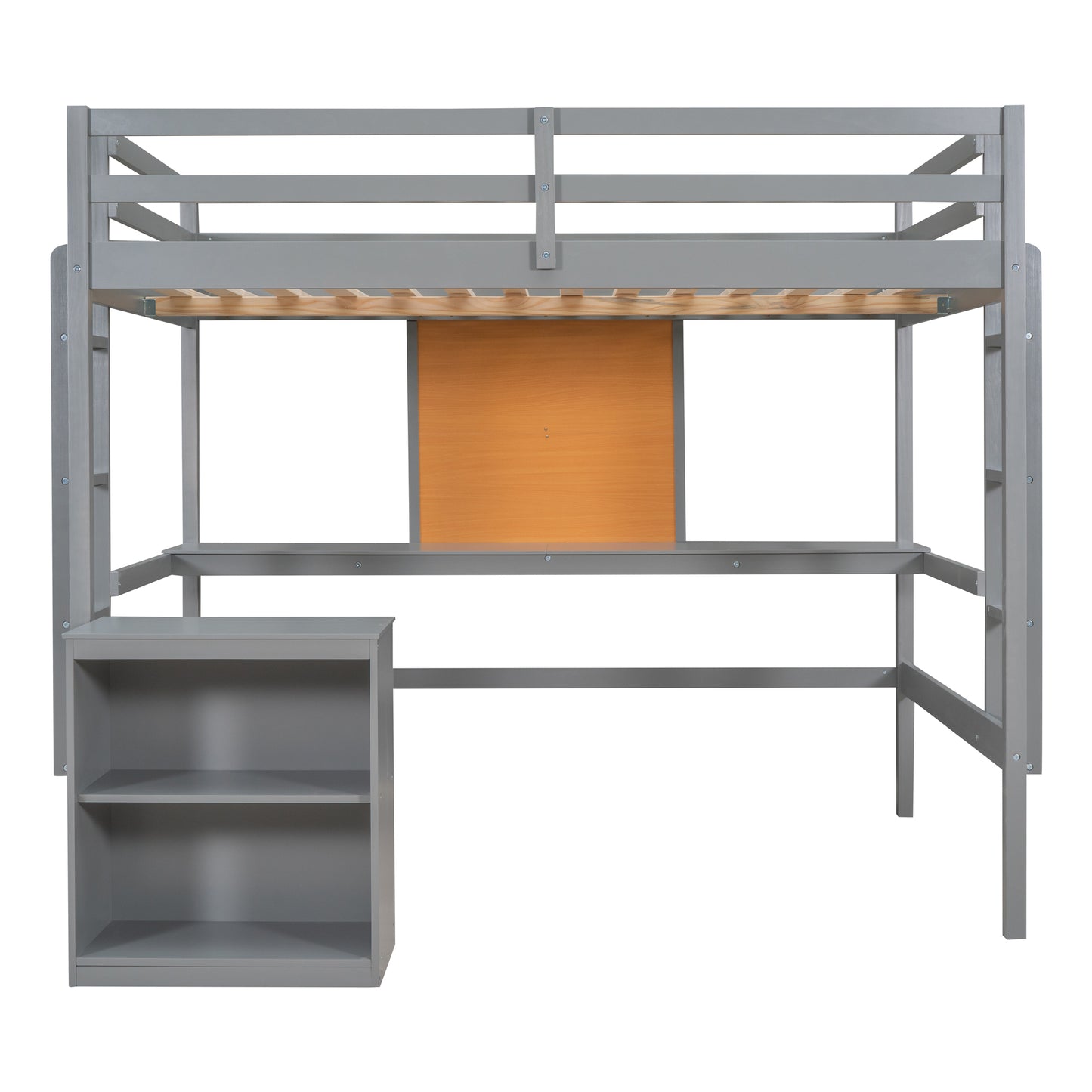 Grey wooden loft bed with desk and shelves for kids