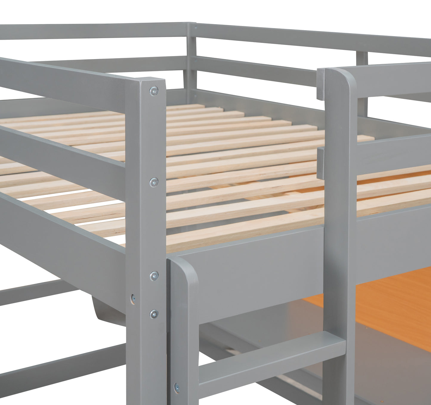 Gray wooden bunk bed frame with visible wooden slats