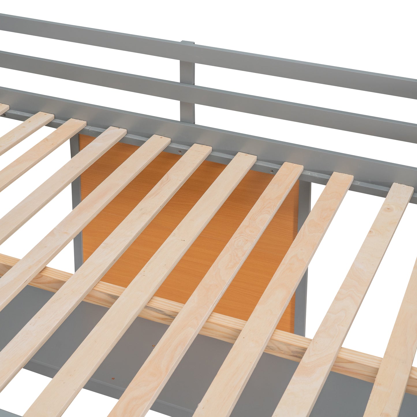 Gray metal bunk bed frame with natural wood slats