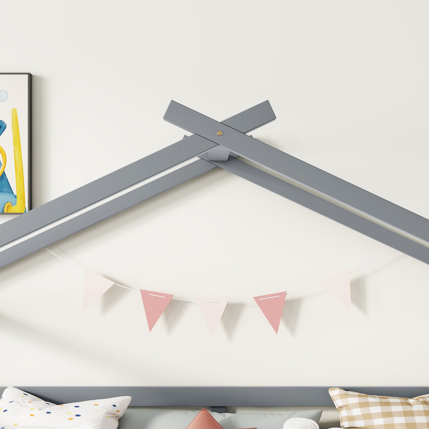 Gray wooden house bed frame with decorative garland