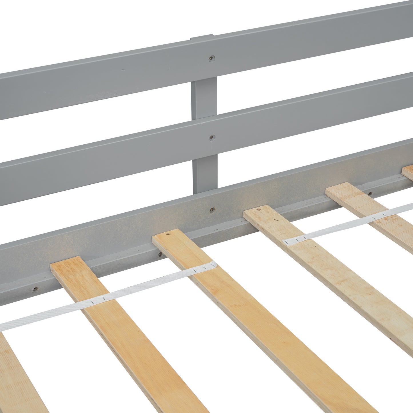 Gray wooden bed frame with visible slats and support beams