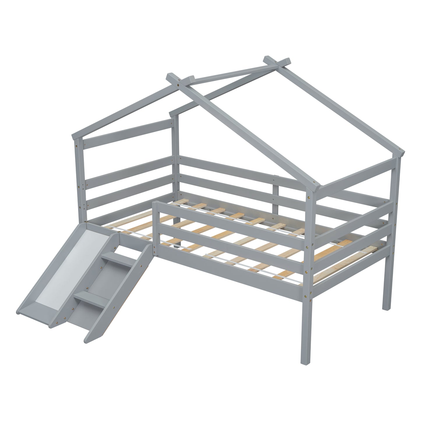 Gray wooden house bed frame with slide and stairs