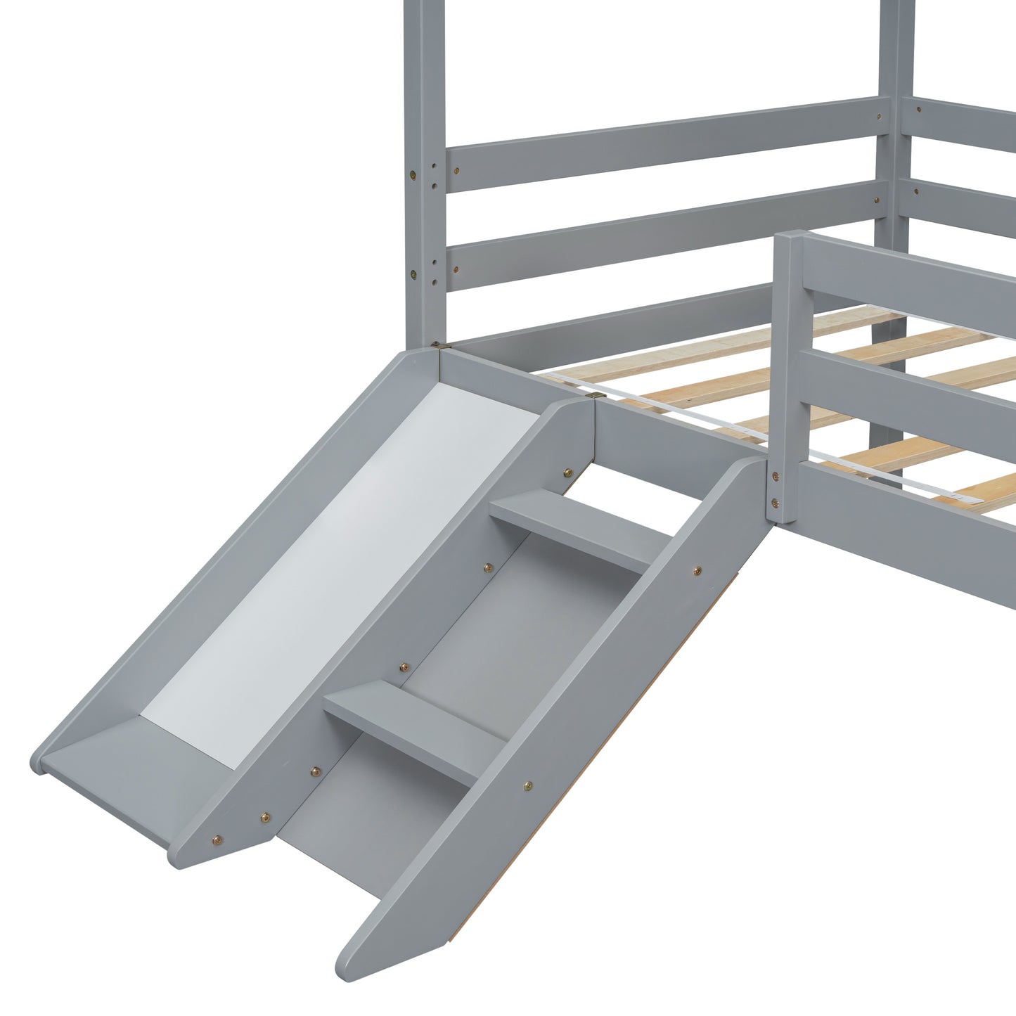 Gray wooden bunk bed ladder with slide