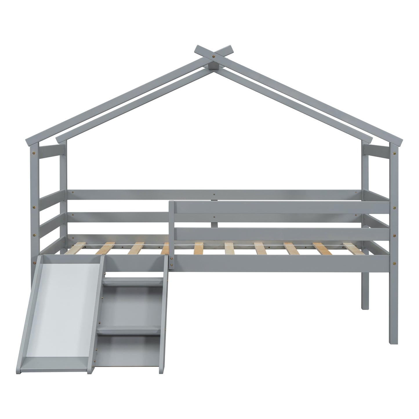 Gray wooden house bed frame with ladder and slide for kids
