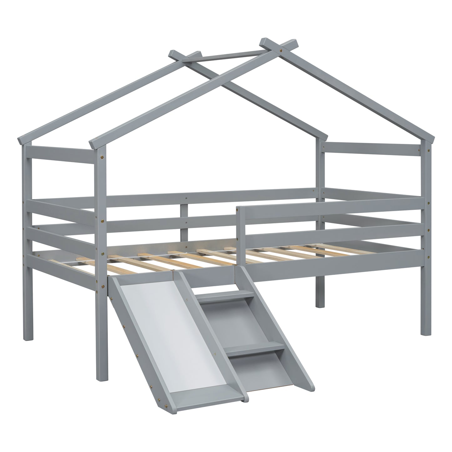 Grey wooden house loft bed with slide and stairs for kids