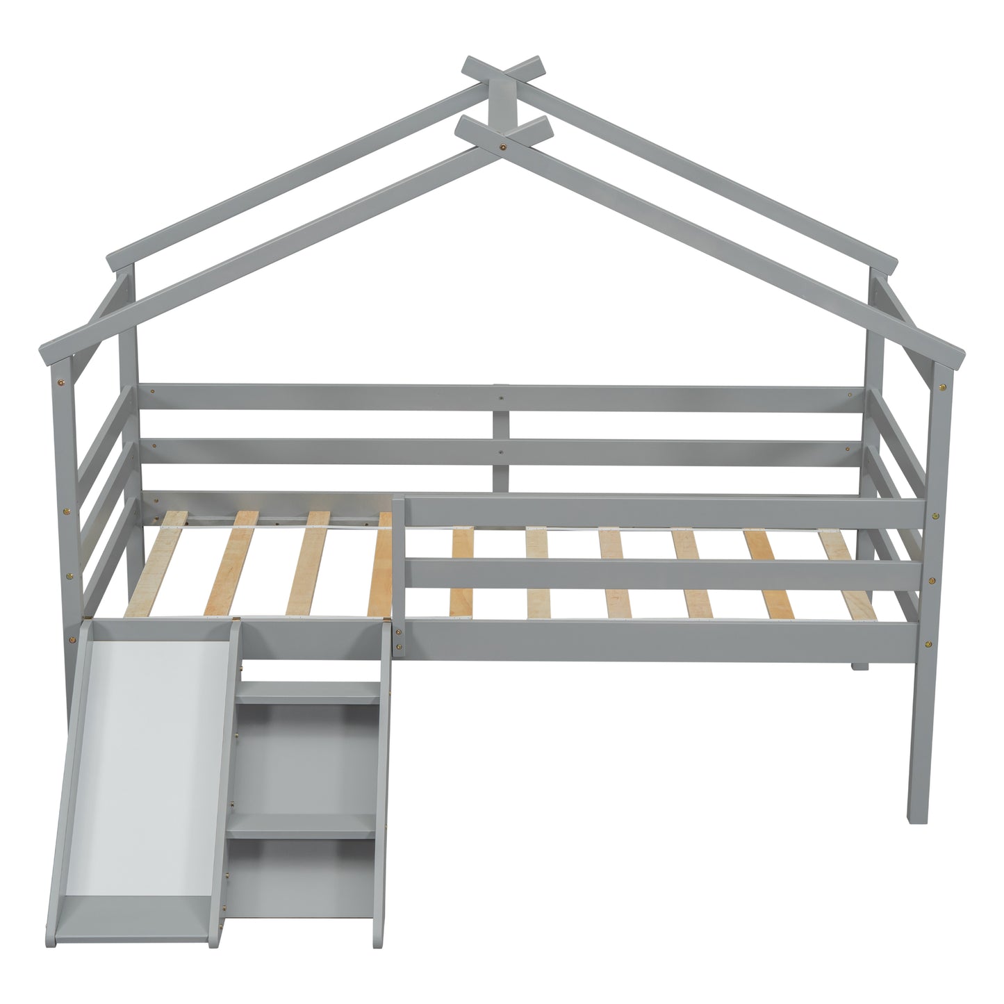 Gray wooden house bed frame with slide and ladder for kids