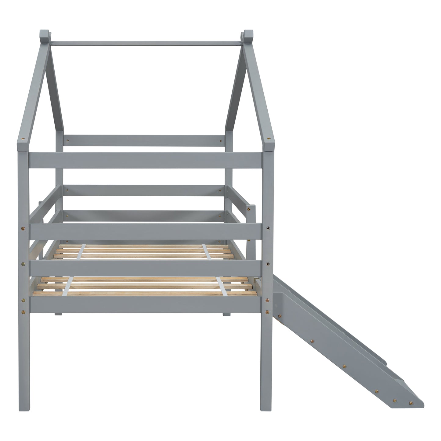 Gray wooden house bed with slide for kids