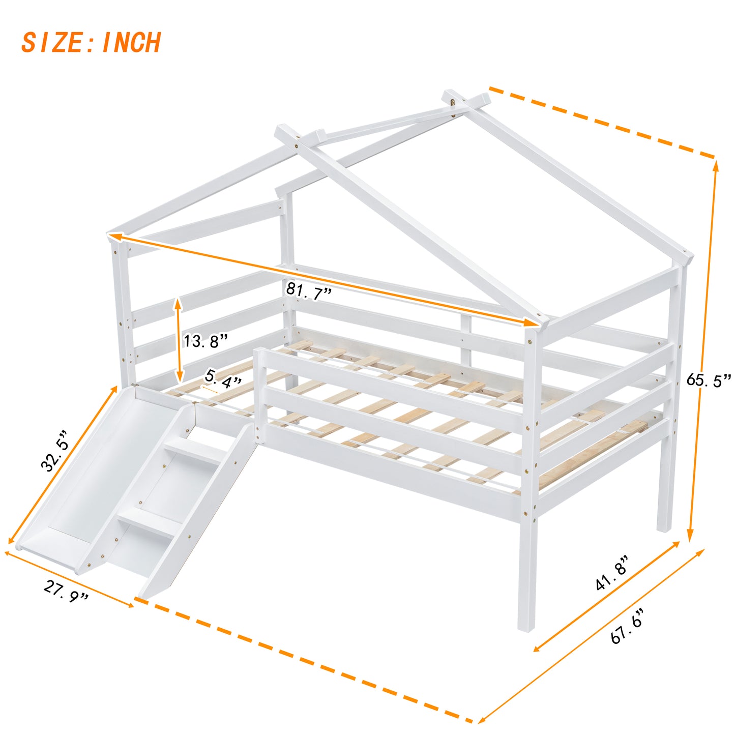 White wooden house bed frame with slide and stairs for kids