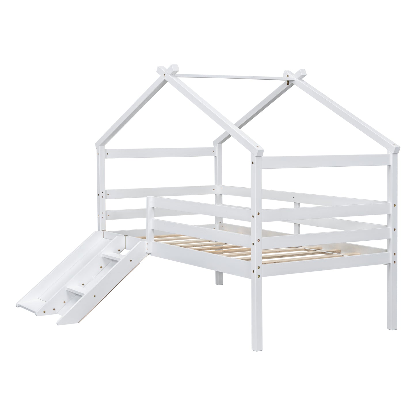 White wooden house bed frame with slide and ladder for kids