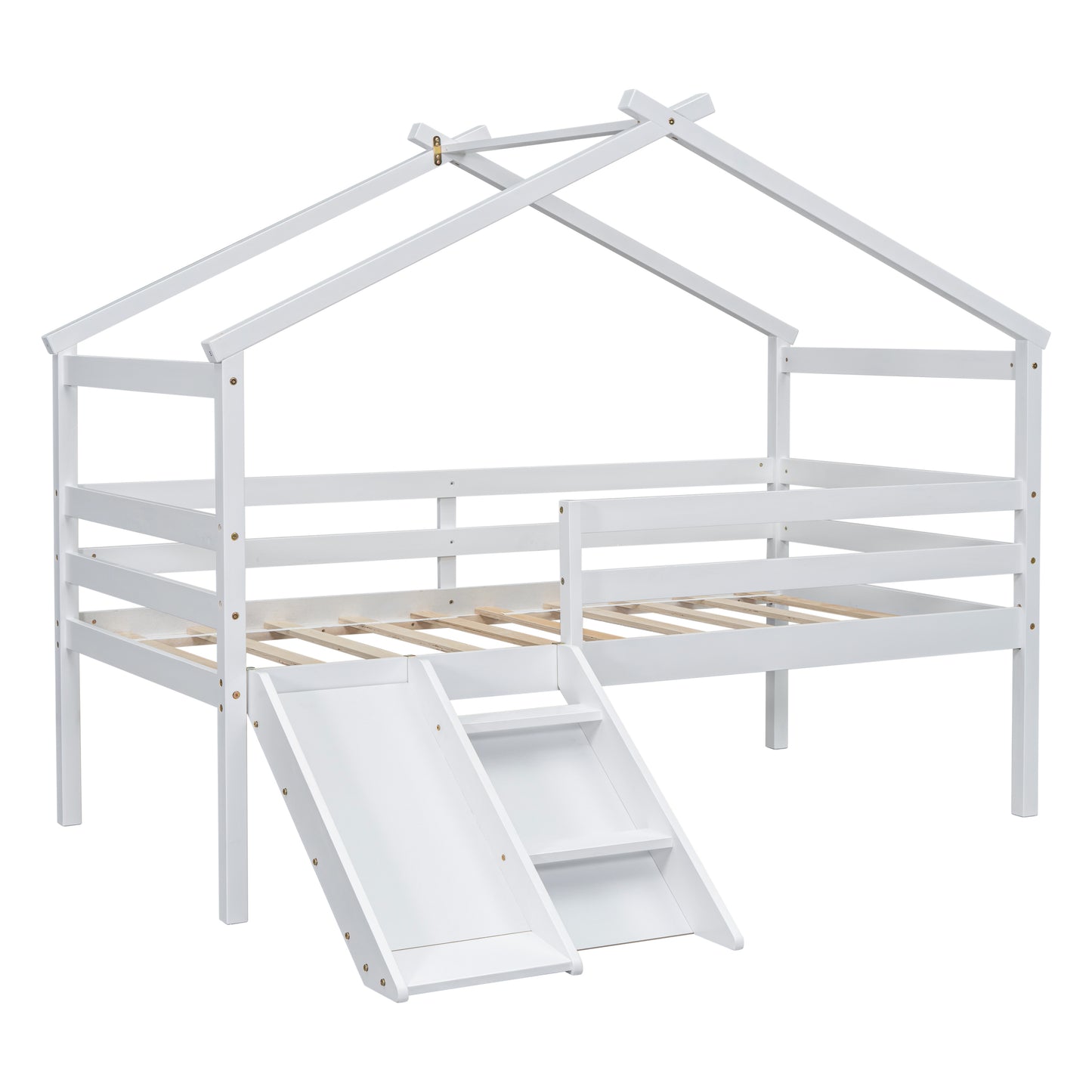 White wooden house bed with slide for kids