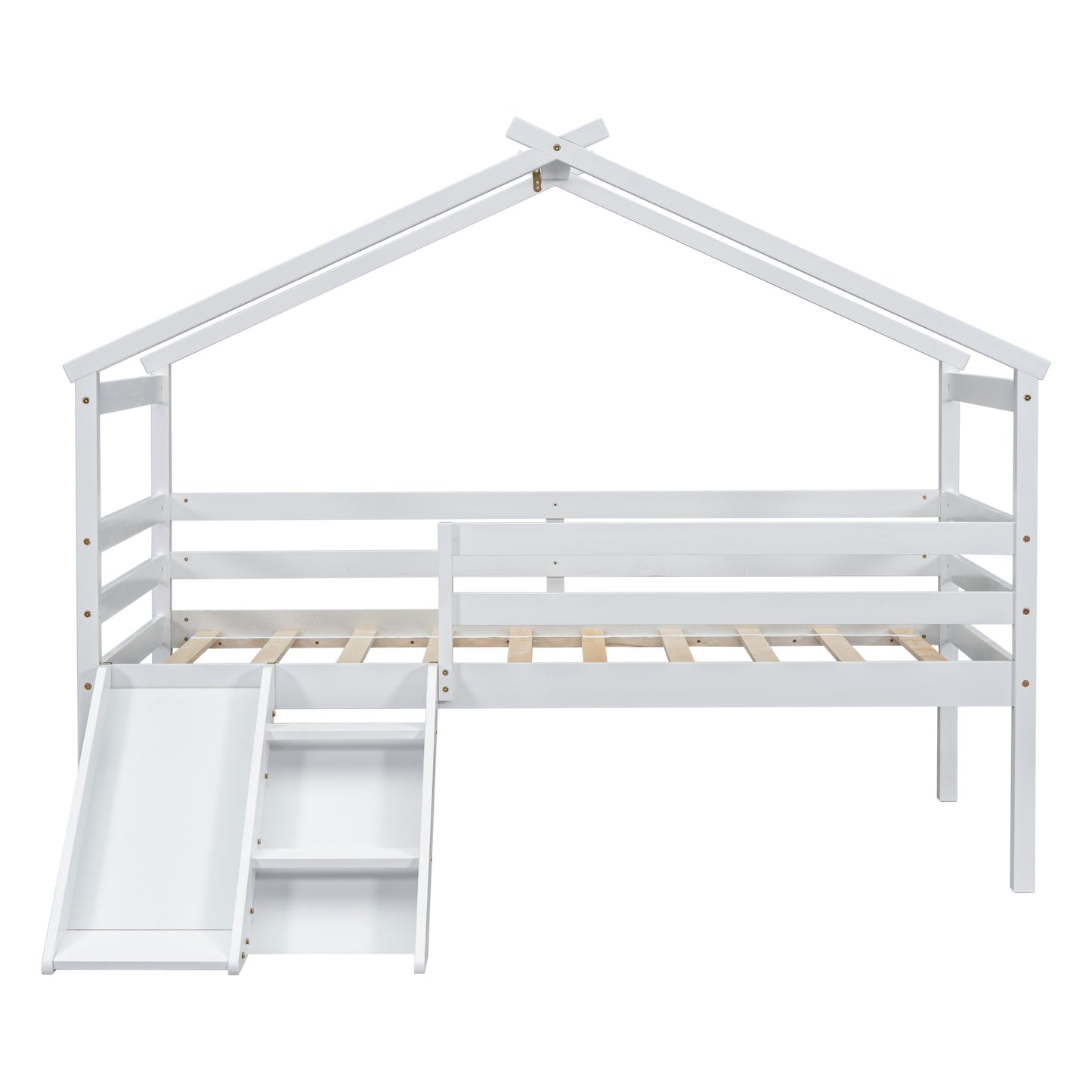 White wooden house bed frame with slide and ladder