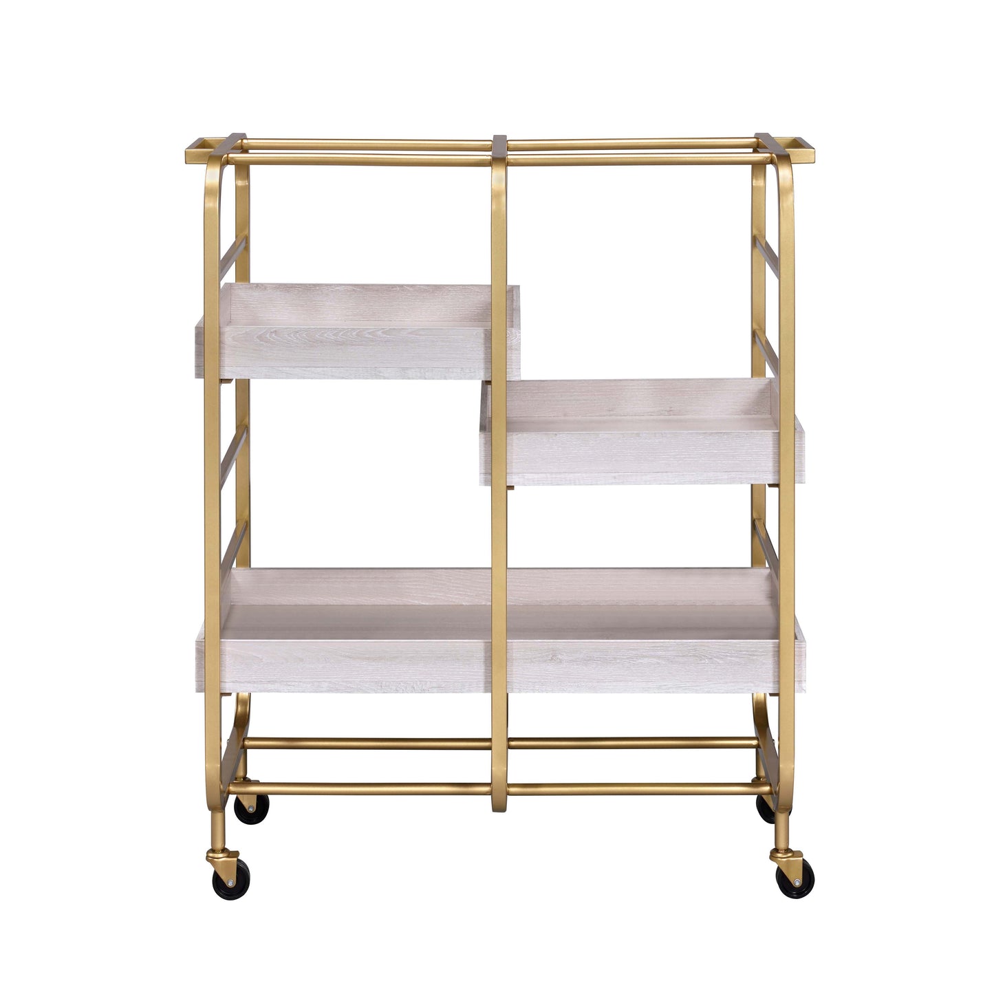 Gold metal bar cart with three tiers of light wood shelves and caster wheels