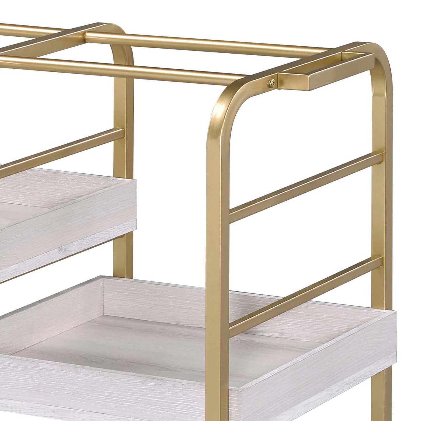 Gold metal frame bar cart with white wood shelves