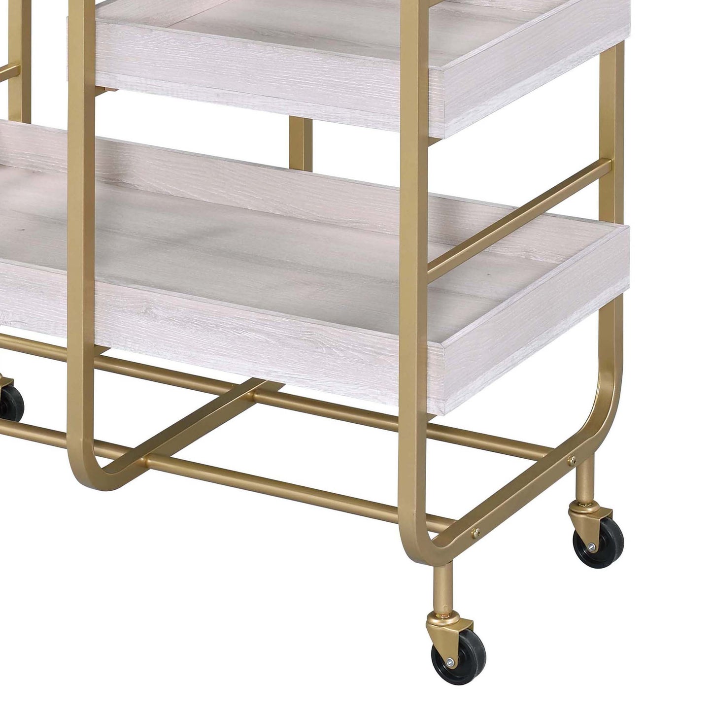 Threetier serving cart with distressed white wood shelves and gold metal frame