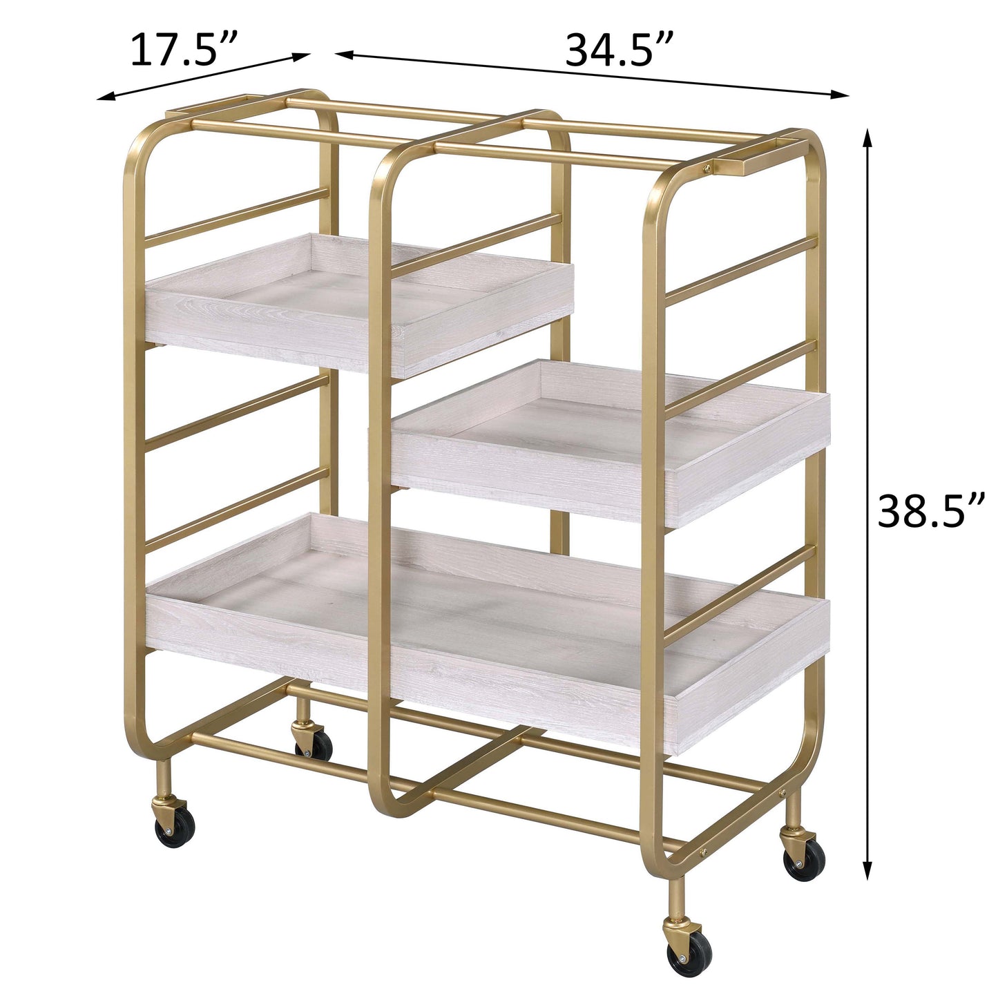 Gold metal bar cart with three light wood tiered shelves and wheels