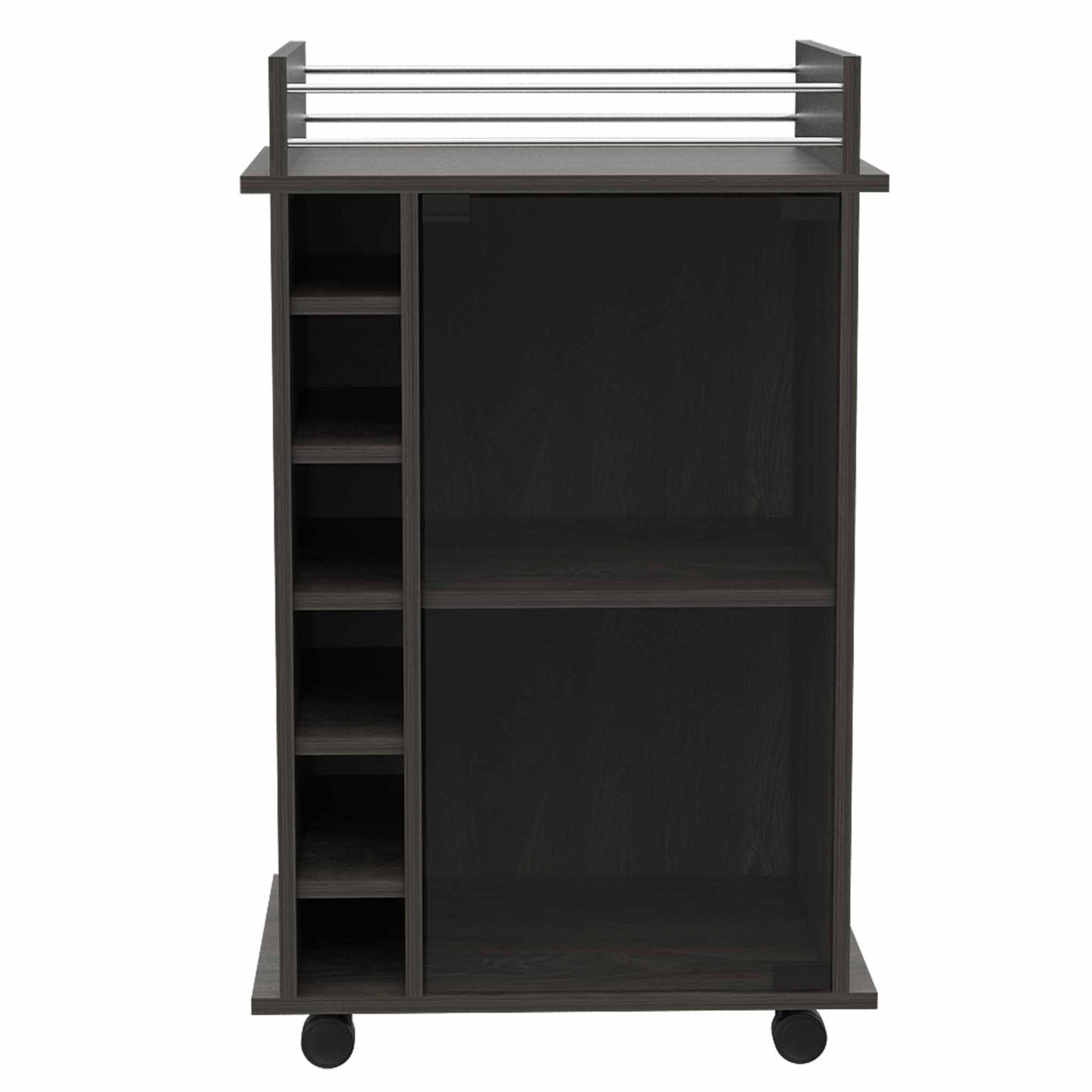 Dark wood rolling bar cart with multiple shelves and chrome towel rack