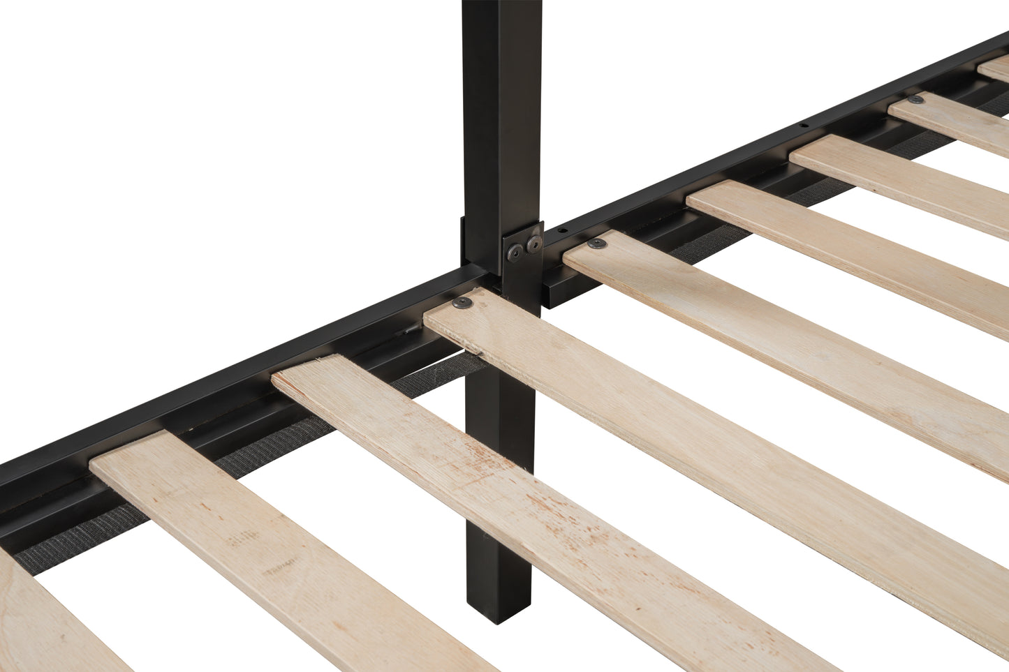 Black metal bed frame with natural wood slats