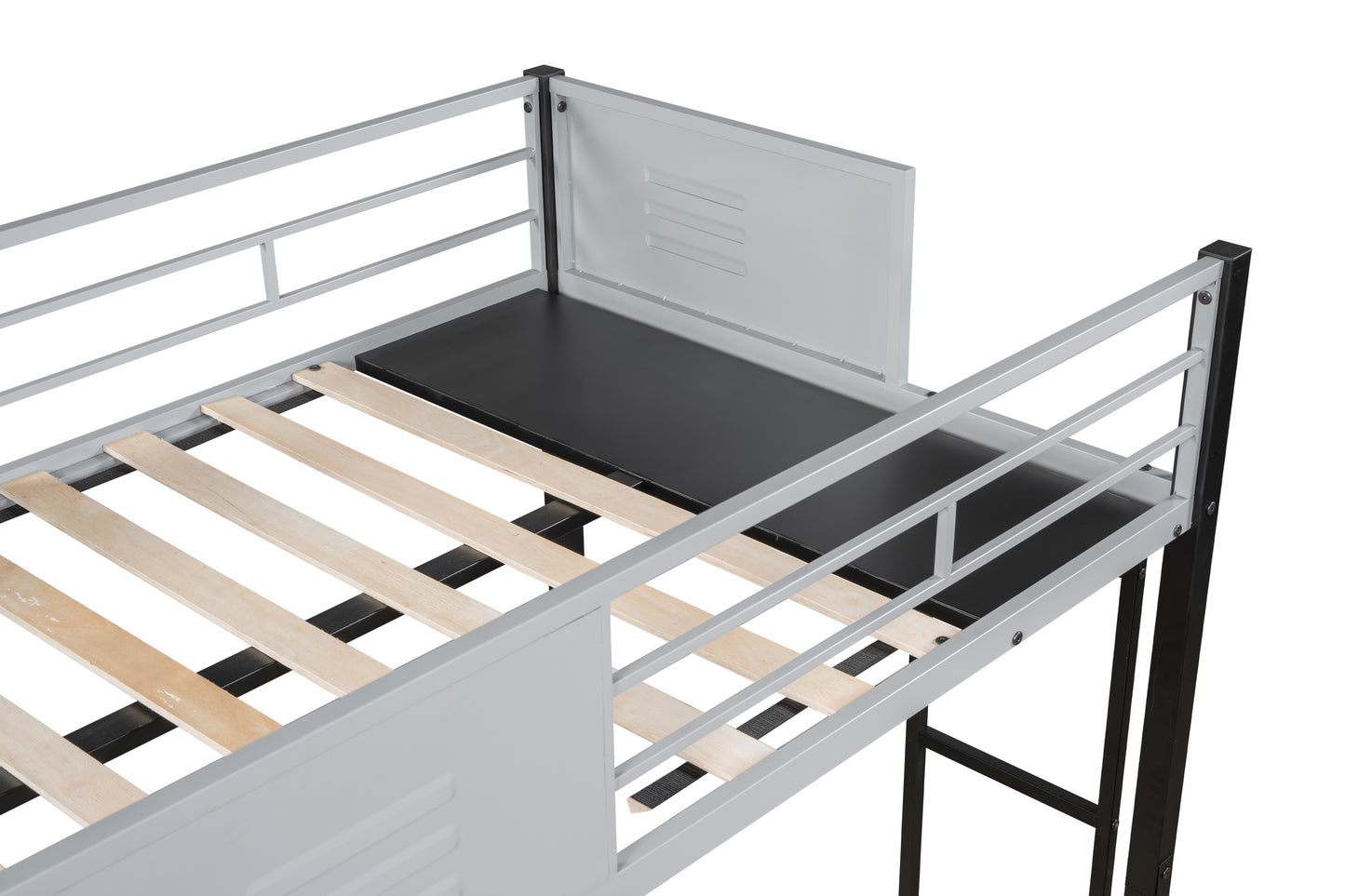 Gray metal loft bed frame with wooden slats