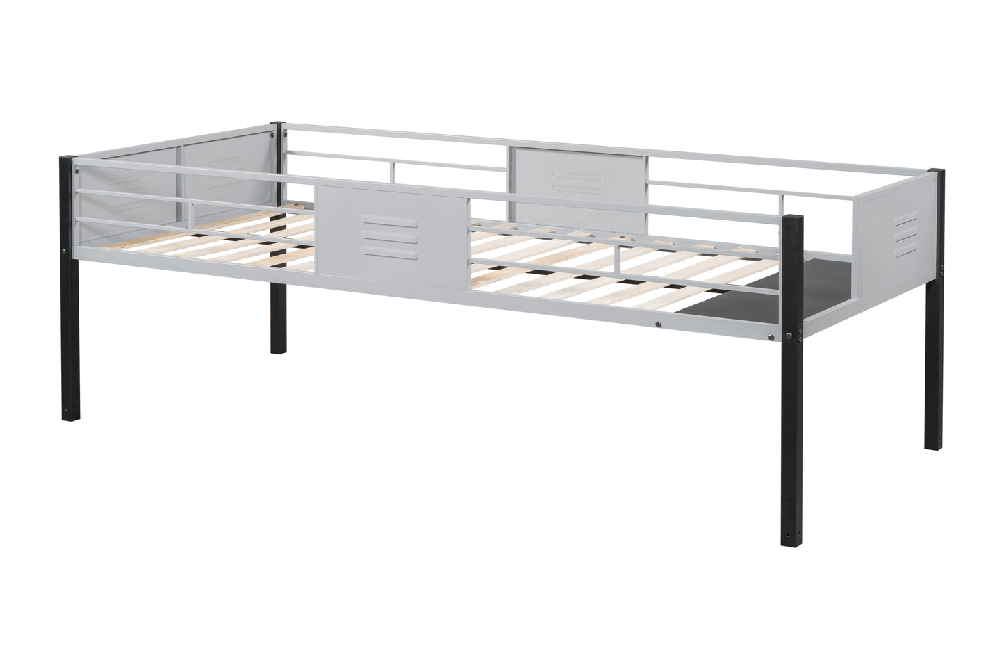 Gray metal twin bed frame with black legs and slatted base