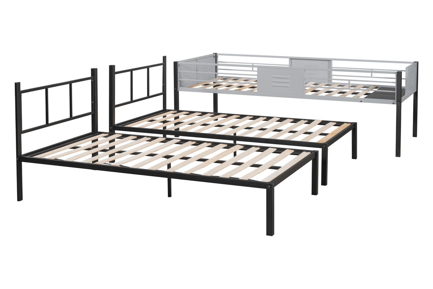 Black metal twin bed frame with wooden slats