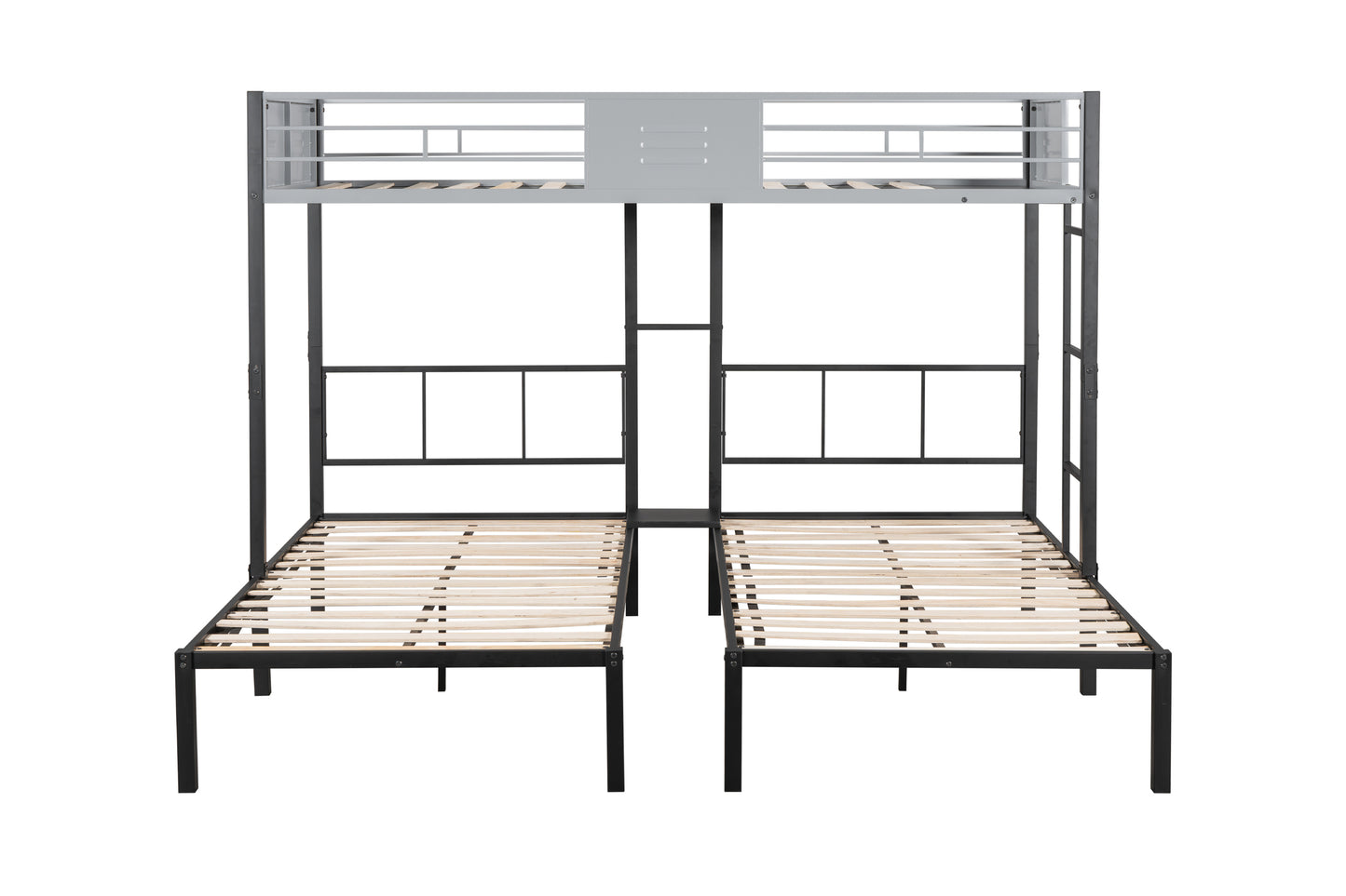 Twin over twin triple bunk bed with black metal frame and wooden slats