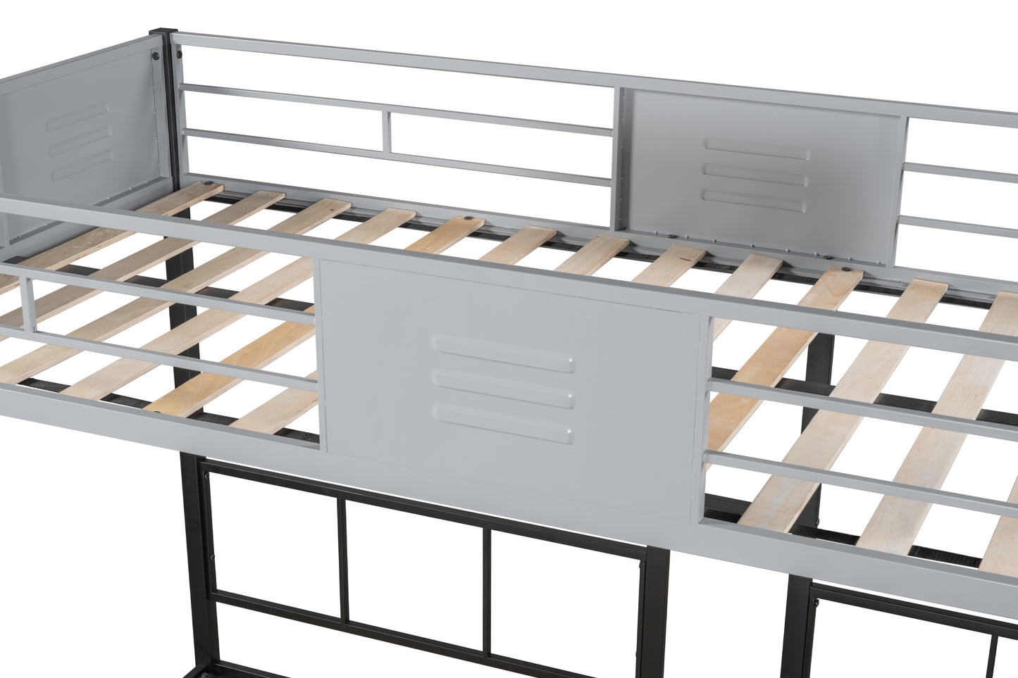 Gray metal twin loft bed frame with wooden slats