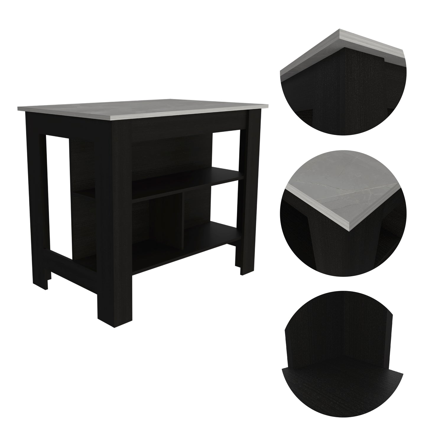 Black and grey marble top kitchen island with open shelving