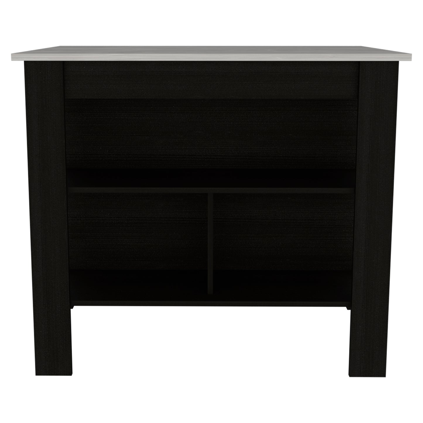 Dark wood grain nightstand with grey marble top and open shelving