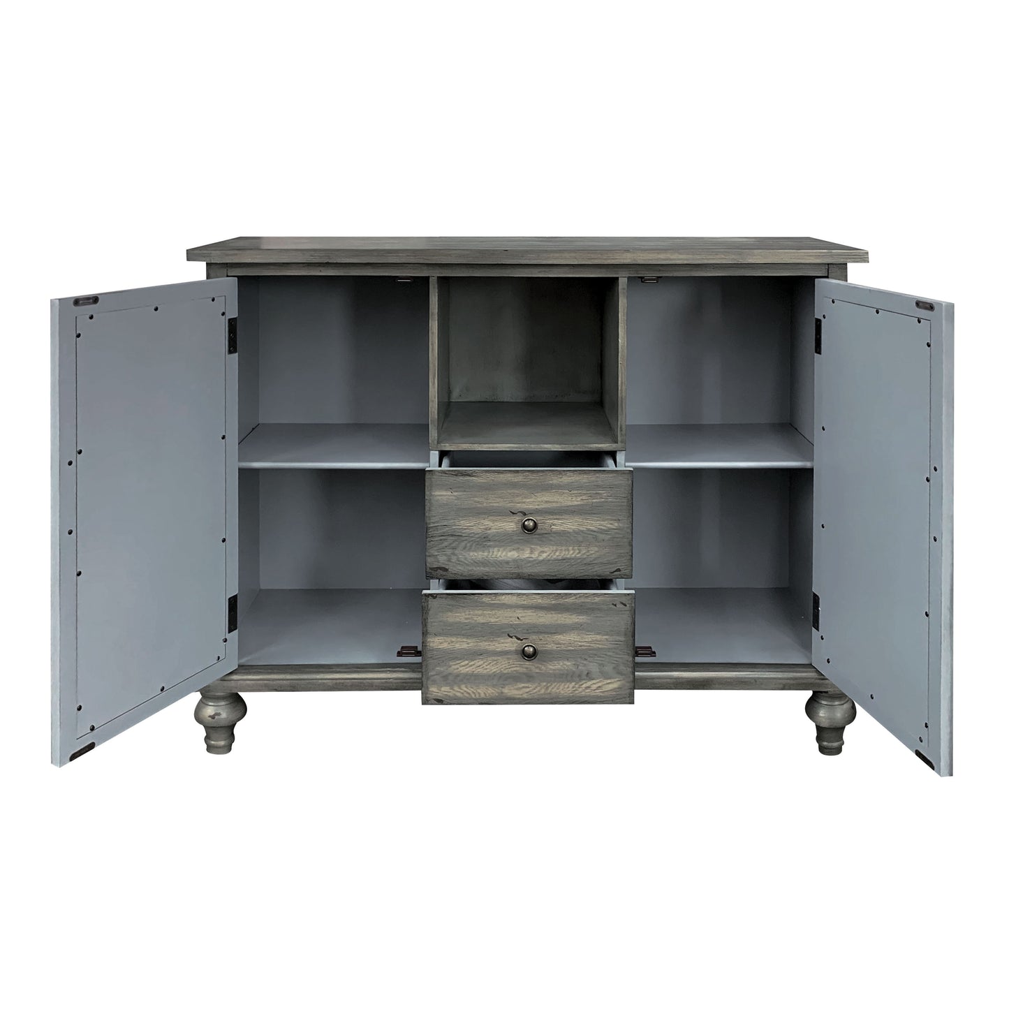 Distressed grey wood sideboard with two drawers and two cabinet doors open