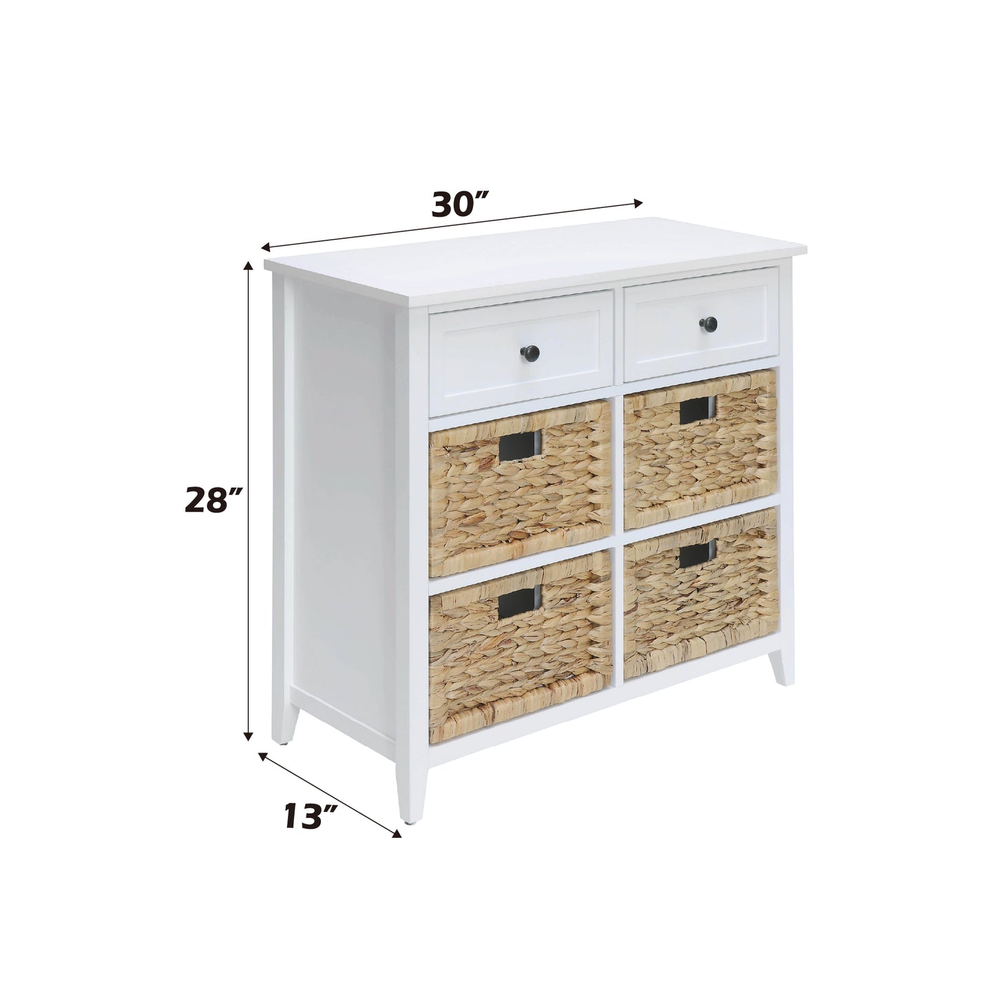 White storage cabinet with two drawers and four woven baskets