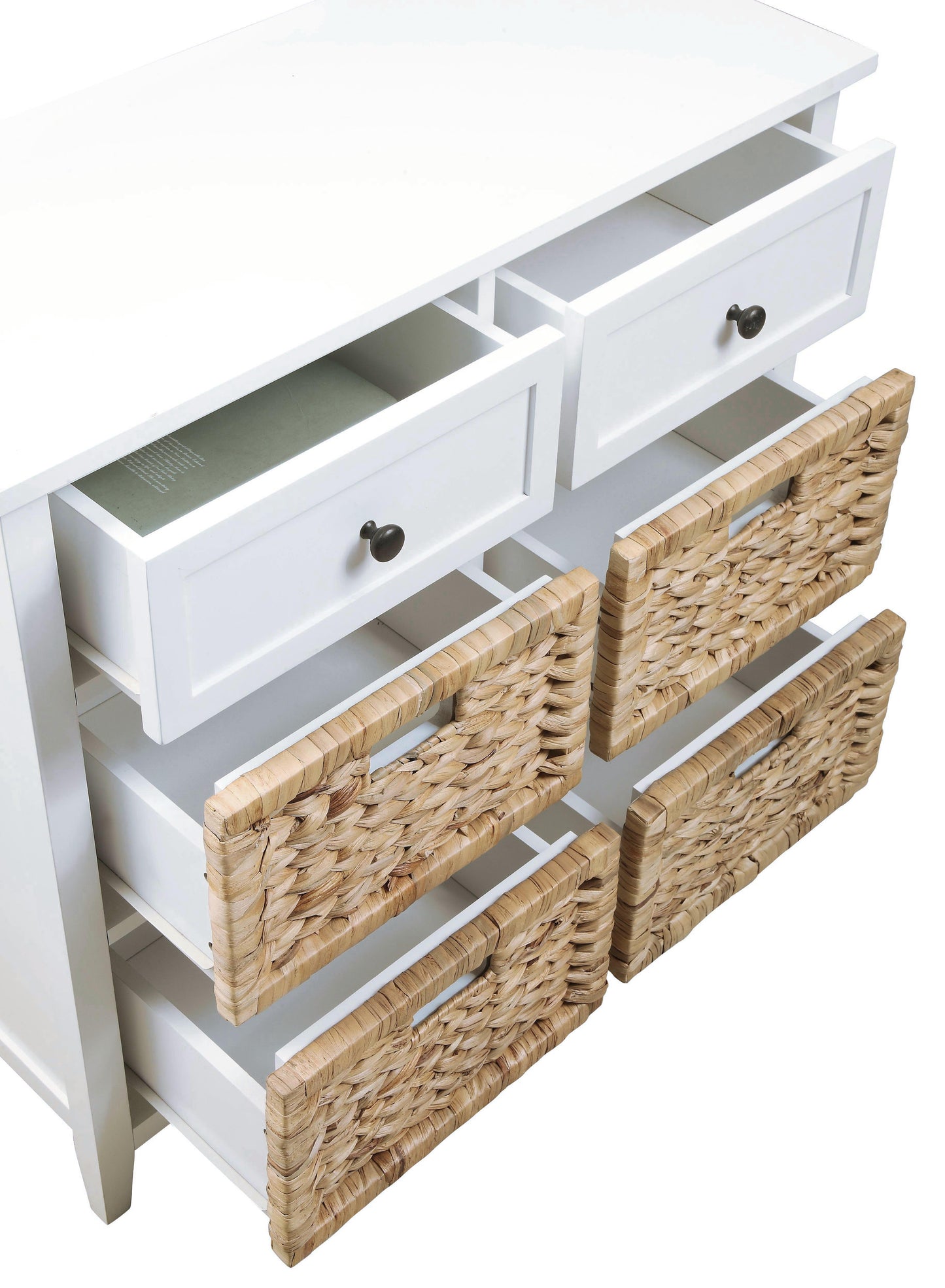 White dresser with woven baskets