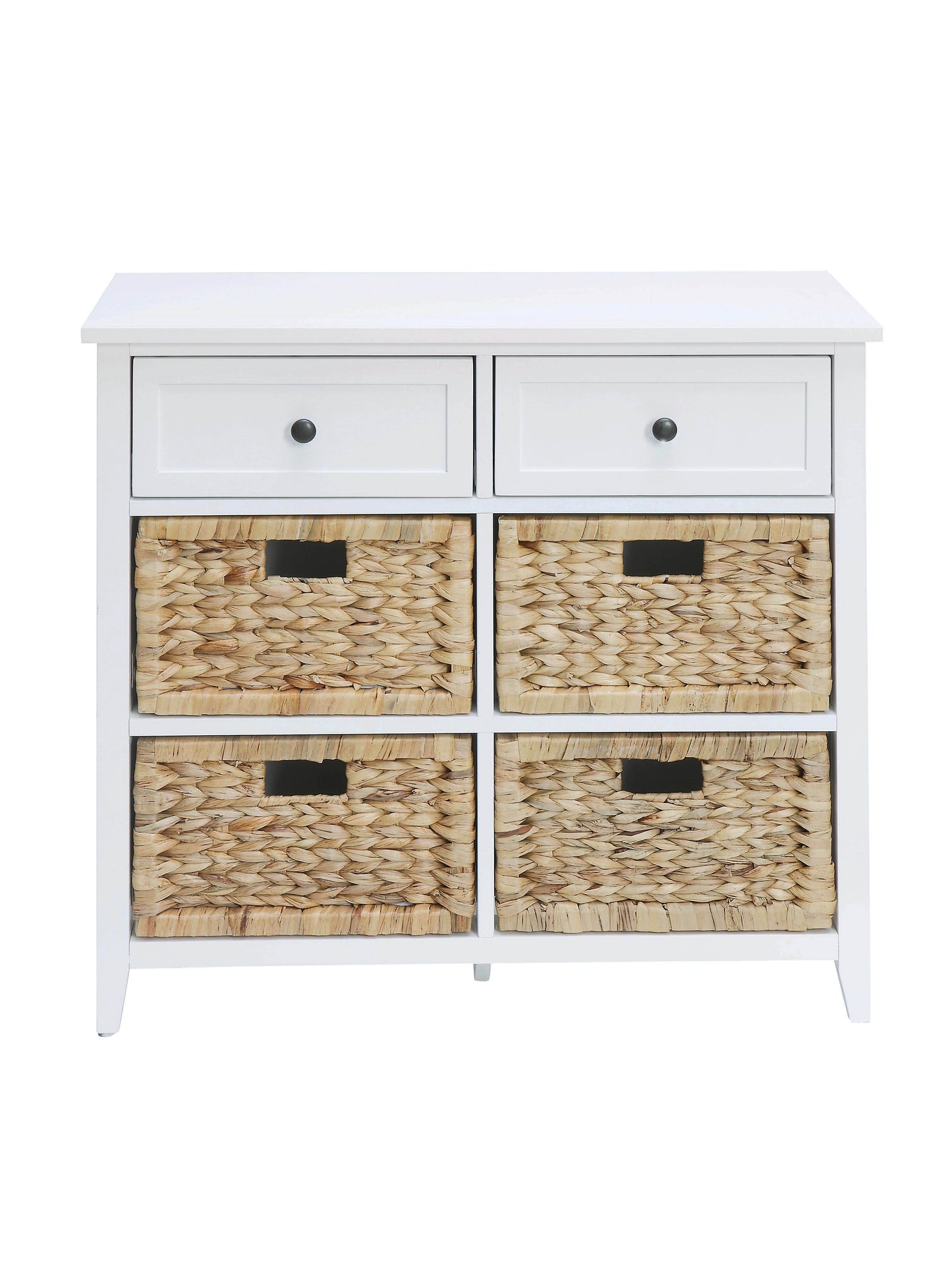 White wood chest with two drawers and four woven baskets