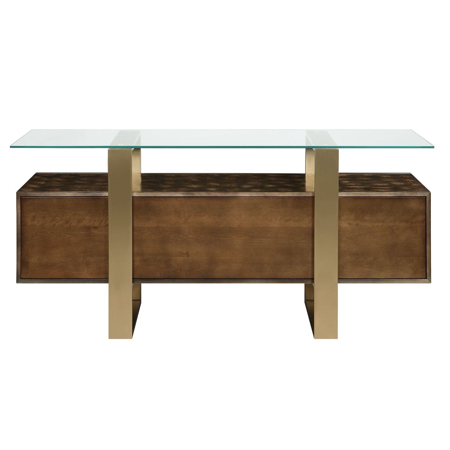 Modern walnut credenza with brass legs and a glass top