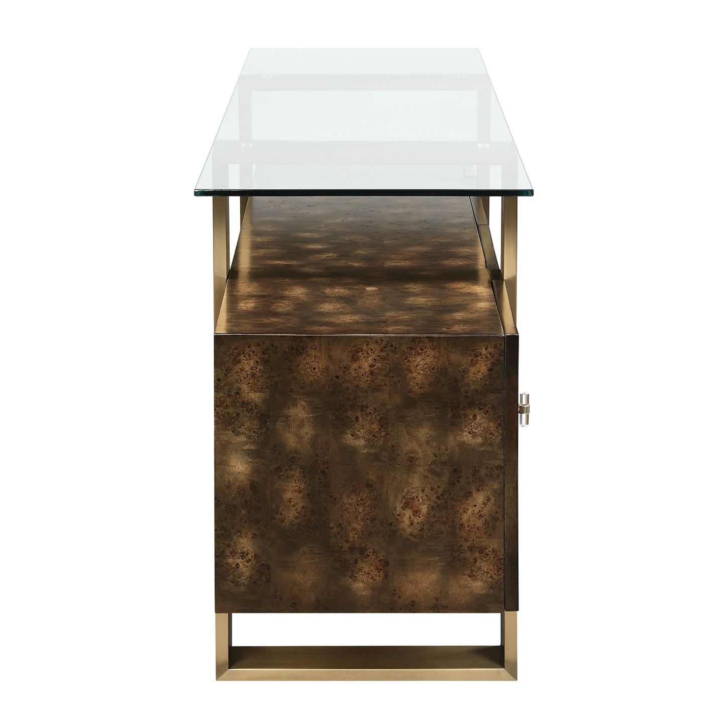 Modern console table with burl wood veneer and glass top