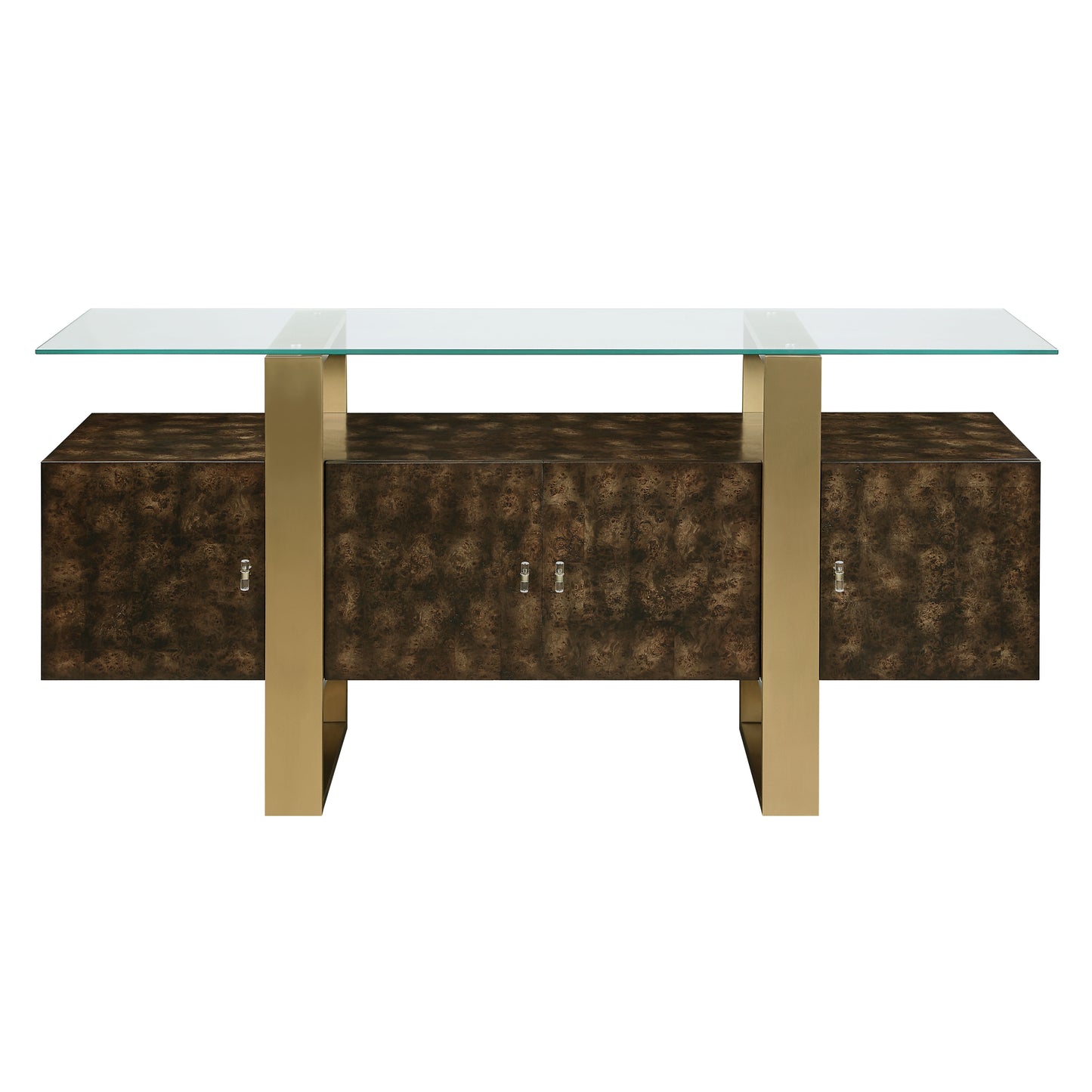 Glass top console table with burl wood finish and brass legs