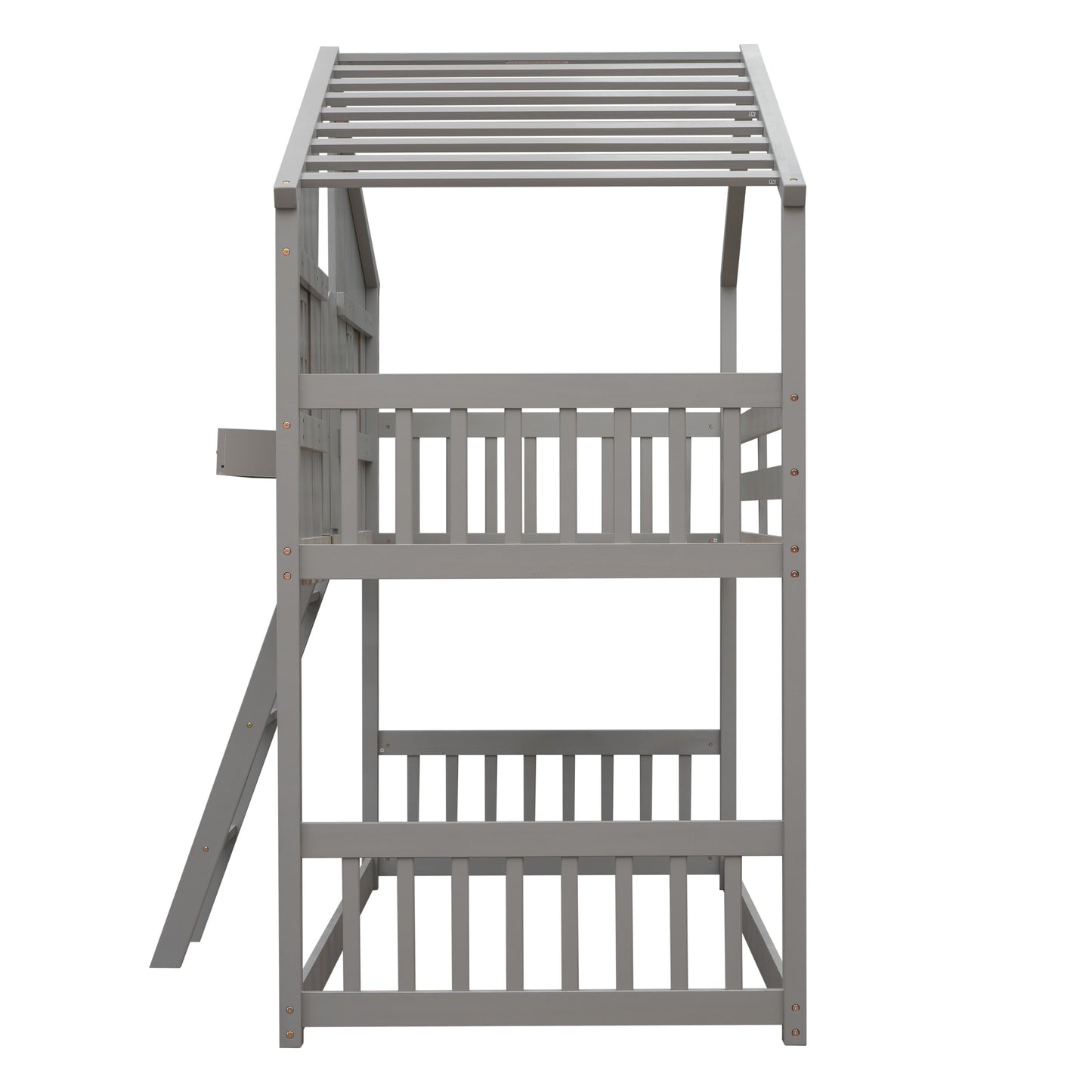 Gray wooden twin over twin bunk bed with ladder and roof detail