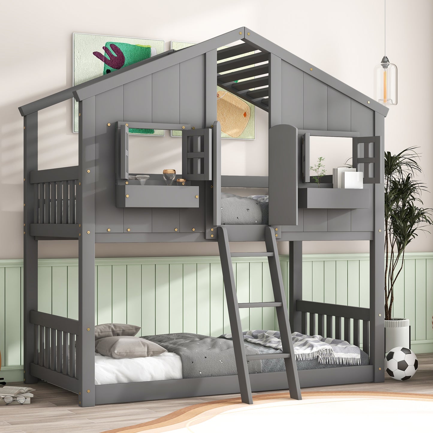 Gray wooden houseshaped bunk bed with ladder and bedding