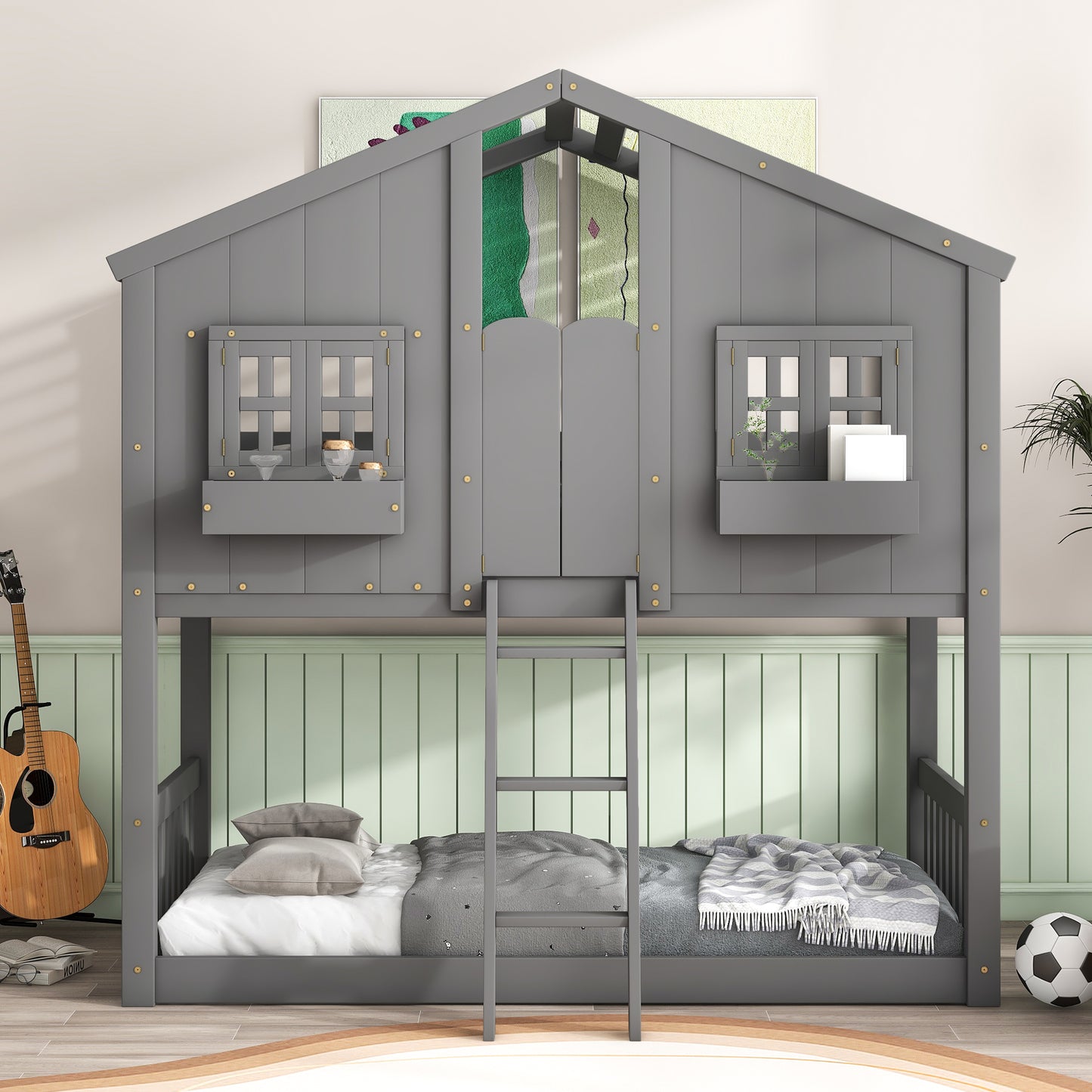 Gray wooden treehouse twin bunk bed with ladder and two windows