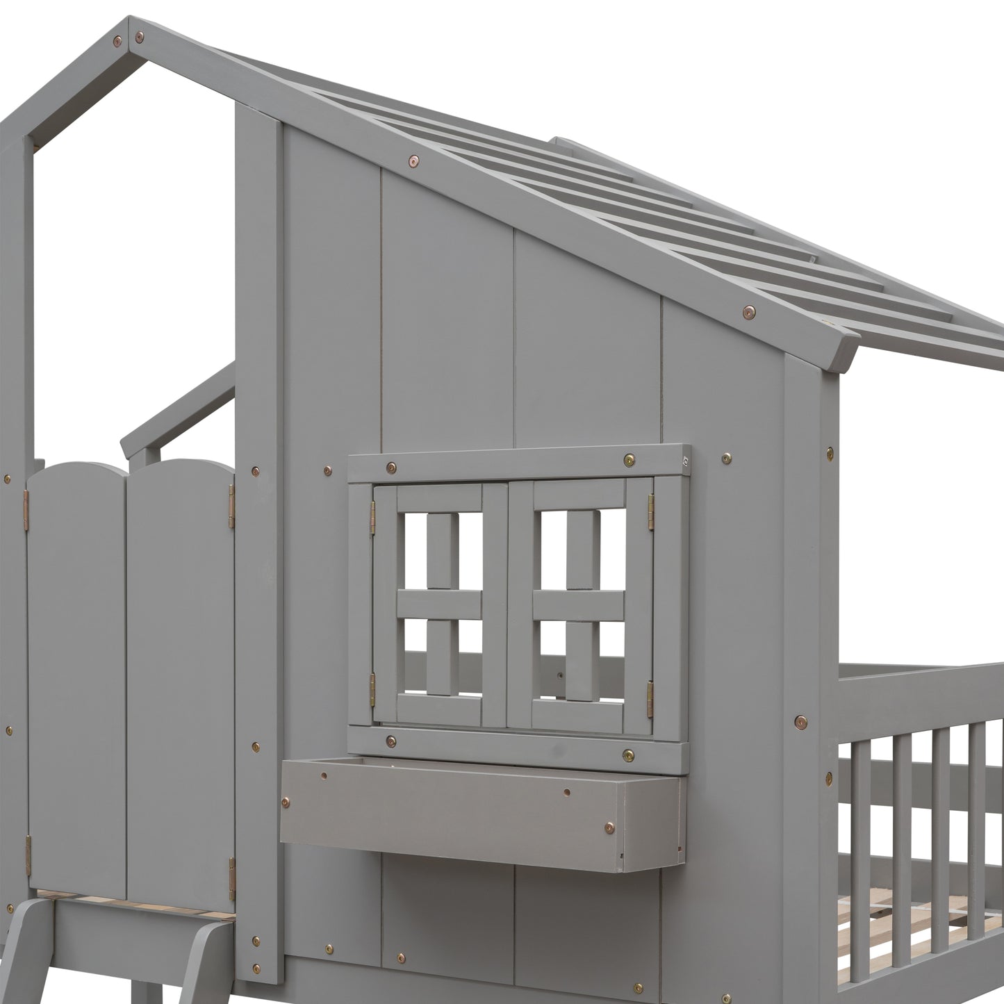 Grey wooden kids playhouse bed with fence railing and window