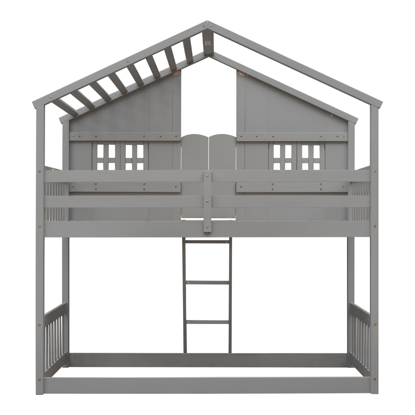 Gray wooden twin loft bed with houseshaped top ideal for kids rooms