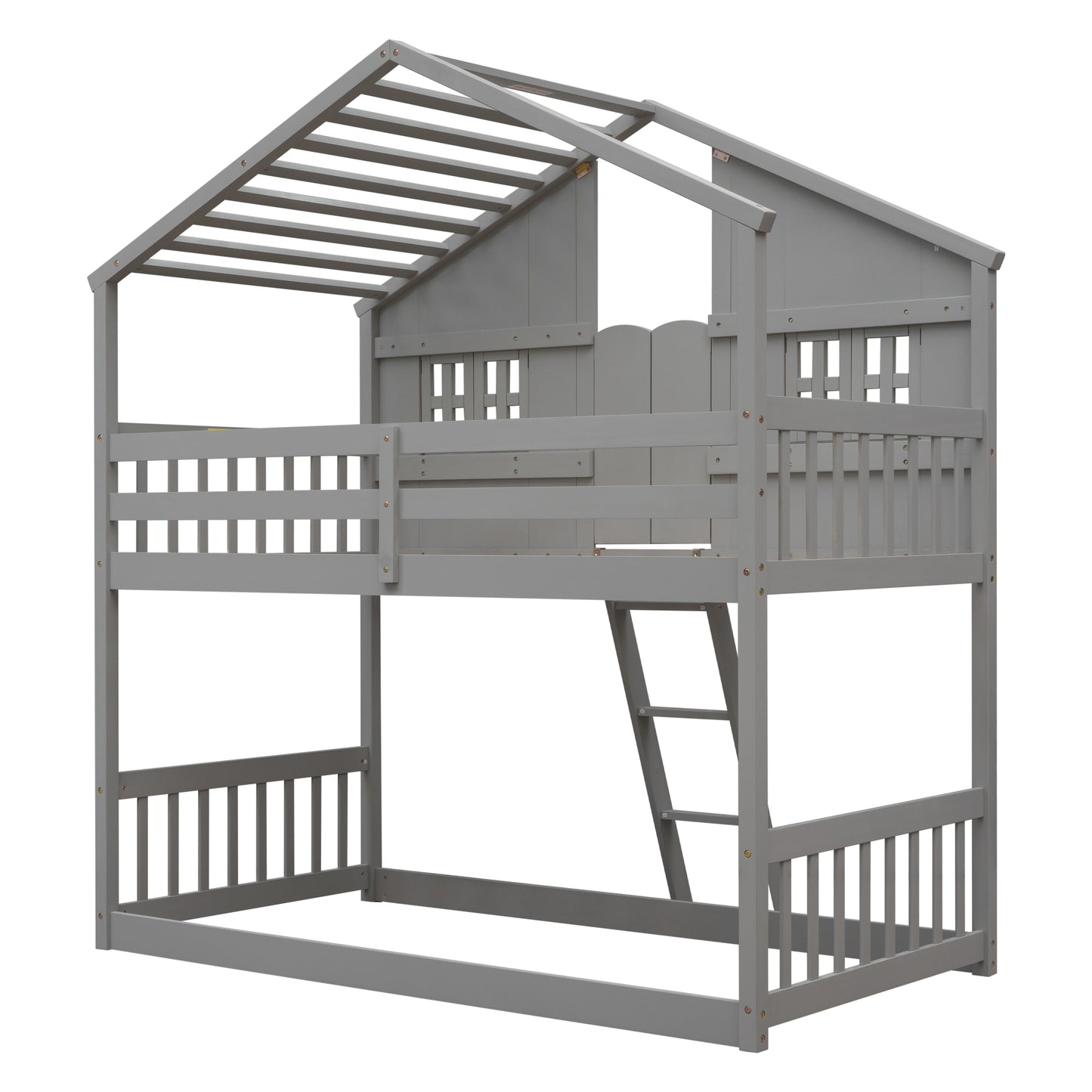 Gray wooden twin house bunk bed with safety rails and ladder